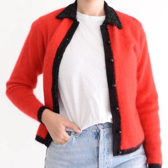 Vintage Refaella Petites Red 45% Rabbit Hair 40% Lambswools Button Down Cardigan - Picture 3 of 12